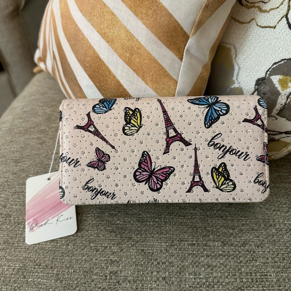 Blush‎ Kiss Chic Bonjour Parisian  Women's Clutch With 2 zipper Compartments New - Picture 2 of 16